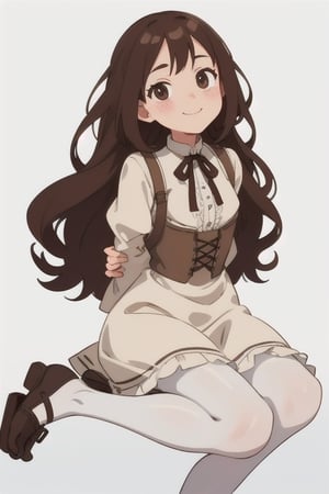 girl tied, hands tied behind back, bondage, victorian dress, white background,  long hair, brown pantyhose, no shoes, light smile, anime screencap, DETAILED FEET, 