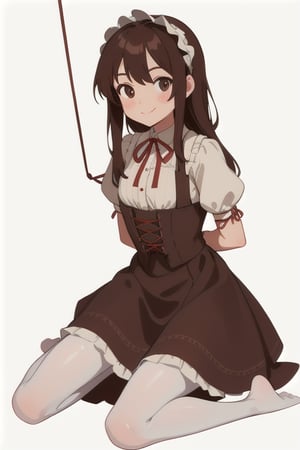 girl tied, hands tied behind back, bondage, victorian dress, white background,  long hair, brown pantyhose, no shoes, light smile, anime screencap, DETAILED FEET, 