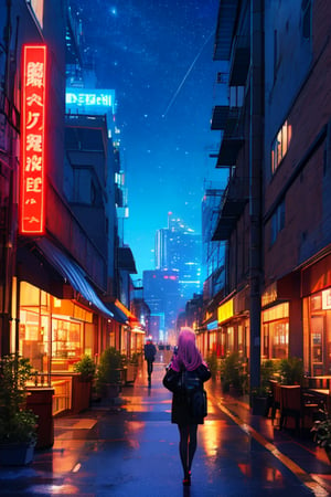  anime coloring, SCI FI city, streets, metal base buildings, futuristic entrances and windows, Hologram girl announces restaurant, semi industrial structures, geometric sky crapers, starships at distance, night sky, neon lights, holografic anouncements,glimmer