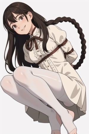 girl tied, hands tied behind back, bondage, victorian dress, white background,  long hair, brown pantyhose, no shoes, light smile, anime screencap, DETAILED FEET, 