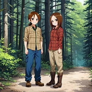 WOOD WORKER, Work Boots, mischiveous smile, Takagi San, longsize_Chainsaw, Forest, heavy Cargo_Truck at distance,  long hair, brown hair, lumberjack plaid shirt , aatakagi