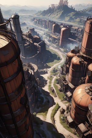 anime coloring, open terrain landscape, sci fi atmosphere, very huge silo with structures alongside, town created around silo. viewed from distance,SP style,Steampunk aesthetic