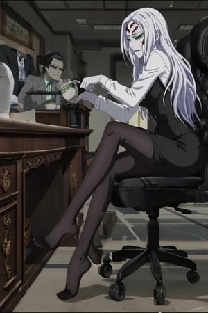 anime screencap, 
Spider demon mother,
 pale skin, long hair, white hair, facial markings, green eyes, fangs, detailed feet correct feet, 
office suit, no shoes, pantyhose, 
tired face, Seat relaxing into chair, feet put in desk , inferno fire, underworld atmosphere, Inferno customer service attend, coffee at hand, corridor, night, 
viewed from side