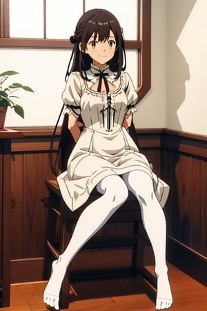 girl tied, hands tied behind back, bondage, victorian dress, white background,  long hair, brown pantyhose, no shoes, light smile, anime screencap, DETAILED FEET, 