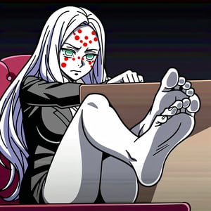 anime screencap, 
Spider demon mother,
 pale skin, long hair, white hair, facial markings, green eyes, fangs, detailed feet correct feet, feet focus
office suit, no shoes, pantyhose, 
tired face, Seat relaxing into chair, feet put in desk , inferno fire, underworld atmosphere, Inferno customer service attend, coffee at hand, corridor, night, 
viewed from side