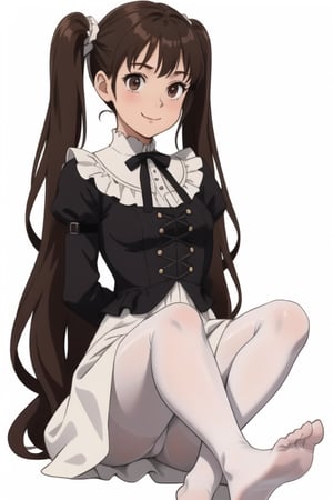 girl tied, hands tied behind back, bondage, victorian dress, white background,  long hair, brown pantyhose, no shoes, light smile, anime screencap, DETAILED FEET, 