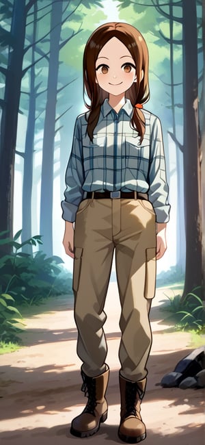 WOOD WORKER, Work Boots, mischiveous smile, Takagi San, longsize_Chainsaw, Forest, heavy Cargo_Truck at distance,  long hair, brown hair, lumberjack plaid shirt , aatakagi