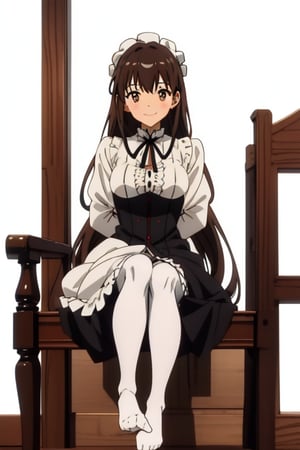 girl tied, hands tied behind back, bondage, victorian dress, white background,  long hair, brown pantyhose, no shoes, light smile, anime screencap, DETAILED FEET, 