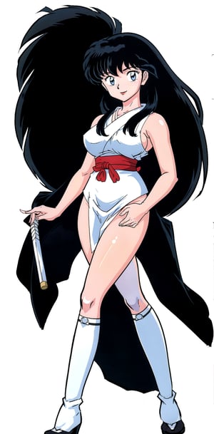 Kikyo, realhands, super detailed, super resolution, perfect, detailed face, pretty face, black hair, pale skin, longhair, nude torso, long hair, high-heel boots, over-knee boots, full body shot of pretty kikyou wearing transparent miko shrine maiden costume with huge breasts and shaved private part. She wears her red thigh-high boots, transparent costume. She shows her huge breasts and shaved private part to public, patrick nagel style, pantless, bottomless, simple background, looking at viewer, smile,1 line drawing, Japanese art, blueeyes,bold line, Higurashi Kagome,takahashi rumiko, 1980s \(style\), retro artstyle, ,Kikyo,kagome higurashi,higurashi kagome