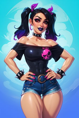 masterpiece, best quality, 64k, HQ, 1girl, gothic girl, choker, gothic clothing, red eyes, makeup, black lipstick, skull print, off shoulder, curvy, fit, athletic, toned body, collarbone, black t-shirt, spiked bracelets, dark leather shorts, cut off shorts, black hair, twin pigtails, multicolored hair, black hair, blue hair, thick thighs, wide hips, small waist, thick legs, posing, hand on hip, standing at an angle, three-quarter view,lips, thighs, cowboy flat, angled hips, looking directly at viewer, mature woman, feminine sexuality, naughty and sweet face, slight smile,big breasts, breasts apart,