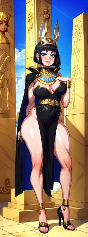 Masterpiece, 8k, 4k, best quality, extremely detailed, intricate, hyper detailed, perfect face, illustration, cel shading, best quality, (skindentation), (1 girl), (solo, full body,standing), (cute, relaxed, cheeky), neck, (very thin and large breasts), thick thighs, thick eyelashes, long eyelashes, black Egyptian dress, gold attached pleated cape, gold headdress with diamonds, silver high heels + Egyptian laces), (black hair, short hair, blunt bangs), Egyptian earrings, Egyptian choker, bracelets, gold bangles, necklace, belt and bangles, (white skin, shiny skin, blue eyes, bright eyes, eye liner, eye shadow), smile, (pharaonic monuments, Egyptian city, artificial lakes, islands),