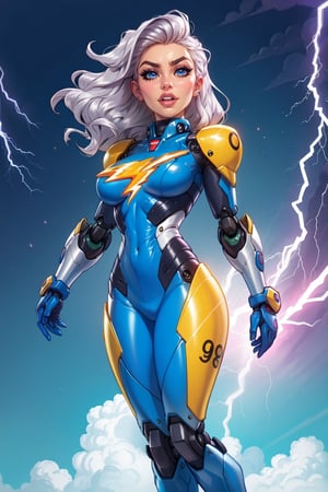 (score_9, score_8_up, score_7_up, score_6_up), 1 girl, wavy hair, mecha clothes, (robot girl),cool movement, silver bodysuit, (lightning effect),silver dragon armour,(cold face),cowboy shot, looking at the viewer, perfect hands, beautiful face, simple_background, full body, perfect body, rounded breast