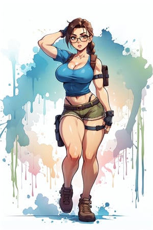 Masterpiece, 8k, 4k, best quality, extremely detailed, intricate, hyper detailed, perfect face, best quality, (1 girl), (solo), (full body, standing, front), neck, (turgid breasts), thick eyelashes, long eyelashes, (lara croft, single braid, blue t-shirt, brown shorts, fingerless gloves, holster, lara croft, single braid, orange glasses), (in a jungle), hands on head, bare legs, abdomen, navel, deep cleavage,