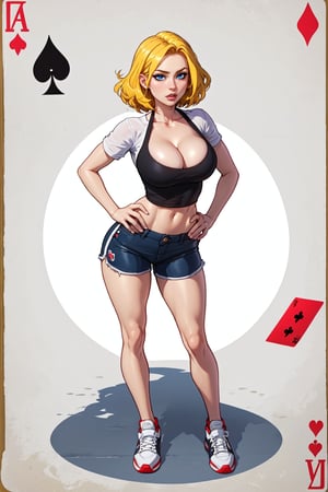 score_9, score_8_up, score_7_up, pretty girl, yellow hair, blue eyes, wide hips, narrow waist, black shorts, short white t-shirt, big breasts, cleavage, saggy breasts, white theme, bare belly, full body, black sneakers, hands on hips,(English playing cards style + English playing cards background + white background),English playing cards style, deck style, deck background