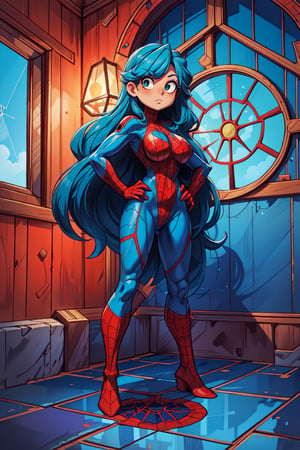 (1 girl), full body, standing, front, big breasts, round breasts, huge breasts, blue hair, blue and red suit,
Instructions for Spiderman in Tensor Art:
1. hands on hips.
2. Spider Woman in front of a glass window, EnvyBeautyMix23
