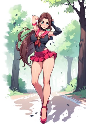 masterpiece, best quality, absurd, anthomy perfect, 1girl, solo, SMMars, very long hair, sailor senshi uniform, red sailor collar, red skirt, elbow gloves, (big breasts, turgid breasts), (in a forest, path, flowers), (full body, standing, front), bare legs, deep cleavage, (black high heels), hands on head, bare legs, (red stiletto heel), brown hair,