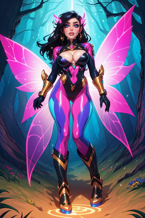 score_9, score_8_up, score_8, , (masterpiece, best quality, highres), (intricate and beautiful), (beautiful detailed eyes:1.2), Cinematic dark and light, (centered), 1girl, standing, head-on, sexy look, a fairy woman, perfect symmetrical fairy wings, perfect face, dark forest background, highly detailed, sexy holographic cutout bodysuit, glitter, glitter, sparkling holographic, long hair, boots, gloves, black hair, cleavage, Asian, pale skin,