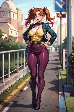 Masterpiece, 8k, 4k, superior quality, extremely detailed, intricate, hyper-detailed, perfect face, superior quality, (1 girl), (solo), (large breasts, perky breasts), thick thighs, cleavage, blue heels, red hair, pigtails, (overpass, railroad, early morning, sunrise), (full body, standing, front), hands on hips, Suicide Squad Harley Quinn Deluxe Costume, Jacket, Combo Shirt, Shorts, Belt, Belt, Tights + Leggings,
