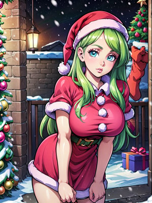 Realistic, 8k, 4k, masterpiece, Best quality, extremely detailed, intricate, hyper detailed, perfect face, illustration, best quality, discreet, (1 girl), (only), (cute, standing), ((high collar) )) ), (shiny skin), (big breasts), (Christmas background, snow, Christmas pine) short pink dress, green hair, briannedechateau-smf