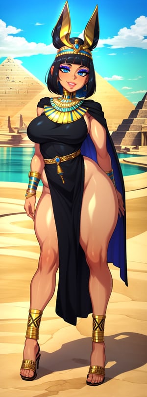 Masterpiece, 8k, 4k, best quality, extremely detailed, intricate, hyper detailed, perfect face, illustration, cel shading, best quality, (skindentation), (1 girl), (solo, full body,standing), (cute, relaxed, cheeky), neck, (very thin and large breasts), thick thighs, thick eyelashes, long eyelashes, black Egyptian dress, gold attached pleated cape, gold headdress with diamonds, silver high heels + Egyptian laces), (black hair, short hair, blunt bangs), Egyptian earrings, Egyptian choker, bracelets, gold bangles, necklace, belt and bangles, (white skin, shiny skin, blue eyes, bright eyes, eye liner, eye shadow), smile, (pharaonic monuments, Egyptian city, artificial lakes, islands),