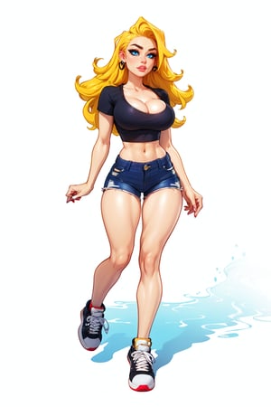 score_9, score_8_up, score_7_up, pretty girl, yellow hair, blue eyes, wide hips, narrow waist, black shorts, short white t-shirt, big breasts, cleavage, saggy breasts, white theme, bare belly, full body, black sneakers, msnos at waist,