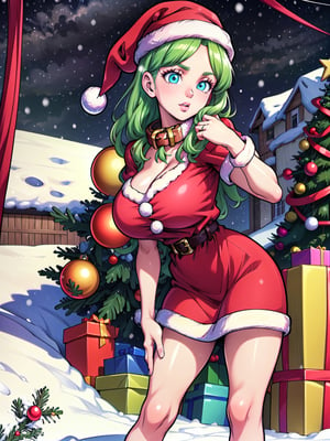Realistic, 8k, 4k, masterpiece, Best quality, extremely detailed, intricate, hyper detailed, perfect face, illustration, best quality, discreet, (1 girl), (only), (cute, standing), ((high collar) )) ), (shiny skin), (big breasts), (Christmas background, snow, Christmas pine) pink short dress, green hair, briannedechateau.
