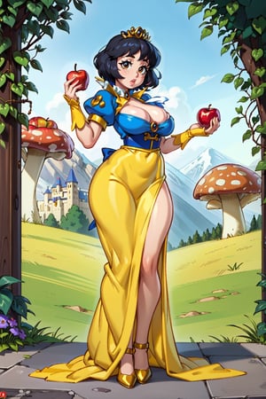 Masterpiece, 8k, 4k, best quality, extremely detailed, intricate, hyper detailed, hyper detailed, perfect face, illustration, cel shading, best quality, (1 girl), (only), (Snow White, the iconic Disney character, (in a castle, flowers, mushrooms, with an apple in her hand), (large breasts, perky breasts), (yellow and blue dress), (full body, standing, facing), (black hair, short hair, golden tiara ),