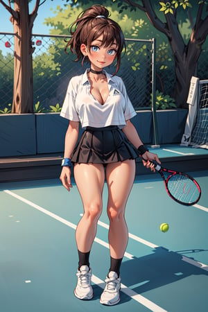 Extremely absurd, 8k, 4k, masterpiece, best quality, extremely detailed, intricate, hyper detailed, perfect face, illustration, cel shading, best quality, dark skin, 1 girl: , solo, denim shot, cute, relaxed, neck, neckline, cleavage, huge breasts, perky breasts, thick eyelashes, long eyelashes, tennis suit, polo shirt, tennis mini skirt, stripes, blue tennis shoes, brown hair, short hair, ponytail, earrings, choker, sweatbands, shiny skin, blue eyes, bright eyes, bright eyes, bright eyes, eyeliner, smile, happy, soft, bright lips, on a tennis court, clay, trees, benches, full body, standing, front,