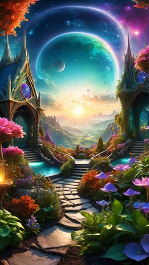  beautiful celestial elven garden at sunrise, dantasy world ,  cosmic, sublime, surreal, vibrant colors, ultra realistic, hyper detailed :1, Desktop background, cinematic light, dynamic composition, elegant, epic, intricate, highly detail, professional still, designed, clear, cute, magic, spiritual, sharp focus, winning, open, new, unique, attractive, creative, amazing, wonderful,DonMC3l3st14l3xpl0r3rsXL,360 View