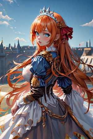 (blue eyes, orange hair, medium hair,straight hair, big breasts,sole_female,solo),
anime, full_body,(illustration,masterpiece,top quality, best quality),((SFW:1.5)),looking at viewer,standing,((aristocracy_uniform:1.5)),(princess:1.5)
,pecorine,shrug \(clothing\),from behind,edgSDress,armored dress