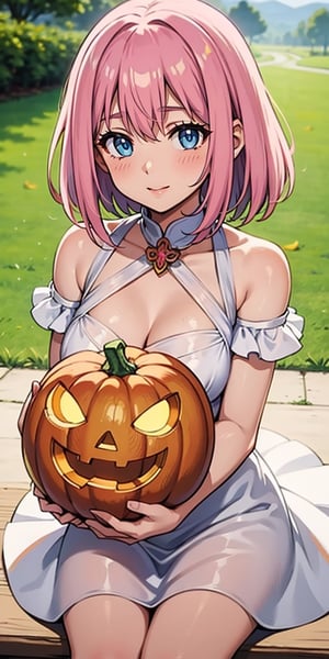 beautiful woman, sitting, holding a carved pumpkin, surrounded by pumpkin, looking at the viewer, pink hair, blue eyes, white dress, upper body,medium_hair
,(best quality