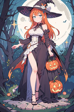 manga, 1girl, solo female,  flat chest,  halloween, pumpkins, raven, frog, dark forest, candy bag, sitting, black dress, bare shoulders, black_pantyhose, midnight, fullmoon,(black_magic gown:1.5),(black_witch hat:1.5),
(blue eyes, orange hair, medium hair,straight hair, big breasts,sole_female,solo),
anime, full_body,(illustration,masterpiece,top quality, best quality),((SFW:1.5)),looking at viewer,standing, origin,better witch,pecorine