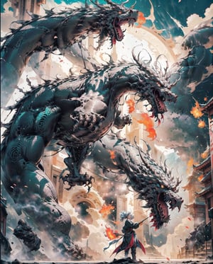 Medieval,A ferocious and huge dragon is breathing fire,towards the audience,fantasy00d
