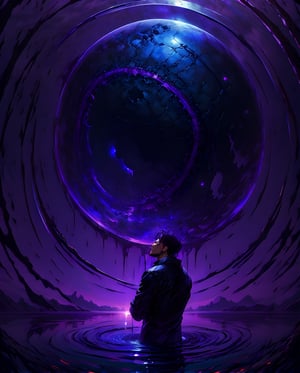 Man staring at night sky ripe with blue moon, Purple and Blue moon, Dark atmosphere, reflection::2