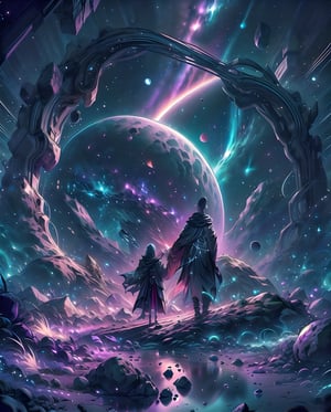 cloak,Man staring at night sky ripe with red moon, Purple and red moon, Dark atmosphere, reflection::2,luxurious_cloaks,(masterpiece, best quality, ultra-detailed, 8K), Compose a breathtaking depiction of an asteroid suspended in the vast expanse of dark space. The scene unfolds with an awe-inspiring view of a solitary asteroid, its rugged surface illuminated by the distant glint of stars scattered across the cosmic canvas.

The asteroid stands as a solitary sentinel amidst the velvety darkness, its jagged edges and craggy terrain illuminated by the subtle glow of celestial bodies. Shadows dance across its pockmarked surface, hinting at eons of cosmic collisions and space-borne journeys.

Surrounded by the inky abyss, the asteroid takes center stage, commanding attention with its enigmatic presence. The cosmic silence amplifies the solemnity of this celestial body, inviting contemplation of the mysteries and wonders that reside within the depths of the cosmos. This depiction captures the serene beauty and quiet grandeur of an asteroid suspended in the infinite darkness of space.