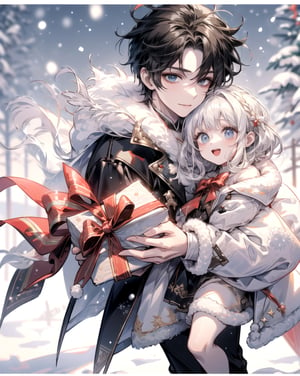 masterpiece,little boy and little girl, christmas, holding presents, happy, snow, winter,1guy,midjourney,More Detail