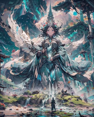 Huge angel,Medieval equipment, left man and right woman, knights (ensemble stars!),armor, wings, sky,white armor, cloud, outdoors, angel wings, bird,blend, medium shot, bokeh,outdoors, open grassland, symmetrical composition, low-angle shooting, zoom in, the most beautiful image I have ever seen, wide angle, distant view, looking up, combat scene, action_pose,Massive sandstone pyramid city, housing units, tropical landscape, tropical flowers, lush green grass. river, waterfall, hyper detailed 8k, unreal engine.