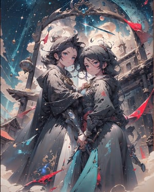 Handsome,man and girl,black and red cloak, black and red clothes,Medieval equipment,lady, knights,armed,Holding swords in one hand
,serious,nuttiness,weapon,fantasyd ,In the Sci-Fi Renaissance Fantasy realm of Eldoria, a tapestry unfolds, portraying a majestic courtly feast under a sky ablaze with magical constellations, woven in threads of celestial blue and golden hues.,Renaissance Sci-Fi Fantasy