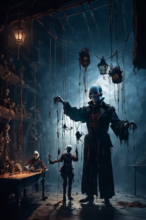 puppetmaster controlling a marionette moving arms up and down , creepy marionette puppet, an ominous fantasy illustration, creepy and dramatic atmosphere, shadowy and eerie character, by Aleksander Gierymski,  creepy masked marionette puppet, medieval alchemist in the dark, spooky and scary atmosphere, Marionette