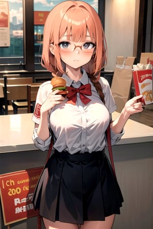 masterpiece, best quality, 1girl, long hair, glasses, burger, bored, braid，7 years old，cute，breasts，Uniforms