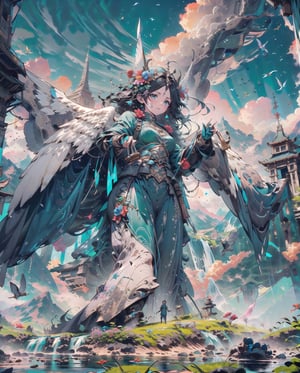 Huge angel,Medieval equipment, left man and right woman, knights (ensemble stars!),armor, wings, sky,white armor, cloud, outdoors, angel wings, bird,blend, medium shot, bokeh,outdoors, open grassland, symmetrical composition, low-angle shooting, zoom in, the most beautiful image I have ever seen, wide angle, distant view, looking up, combat scene, action_pose,Massive sandstone pyramid city, housing units, tropical landscape, tropical flowers, lush green grass. river, waterfall, hyper detailed 8k, unreal engine.