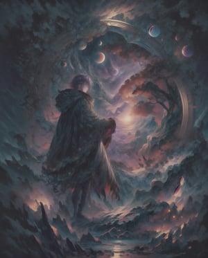 cloak,Man staring at night sky ripe with red moon, Purple and red moon, Dark atmosphere, reflection::2,luxurious_cloaks,(masterpiece, best quality, ultra-detailed, 8K), Compose a breathtaking depiction of an asteroid suspended in the vast expanse of dark space. The scene unfolds with an awe-inspiring view of a solitary asteroid, its rugged surface illuminated by the distant glint of stars scattered across the cosmic canvas.

The asteroid stands as a solitary sentinel amidst the velvety darkness, its jagged edges and craggy terrain illuminated by the subtle glow of celestial bodies. Shadows dance across its pockmarked surface, hinting at eons of cosmic collisions and space-borne journeys.

Surrounded by the inky abyss, the asteroid takes center stage, commanding attention with its enigmatic presence. The cosmic silence amplifies the solemnity of this celestial body, inviting contemplation of the mysteries and wonders that reside within the depths of the cosmos. This depiction captures the serene beauty and quiet grandeur of an asteroid suspended in the infinite darkness of space.