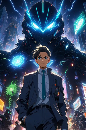  poster,close portrait, [nime, colorfull, boy in business suit, Cyber--boy surounded by creepy ugly disturbed monsters, cyberpunk city,light explosion, psychedelic, creative, niji anime, neons, 3d anime art, complex detailing, high detailed, high_res,Monster ], very_high_resolution,  close angle view, danknis, sooyaaa , IMGFIX

, , ,niji style,ghibli style,sooyaaa