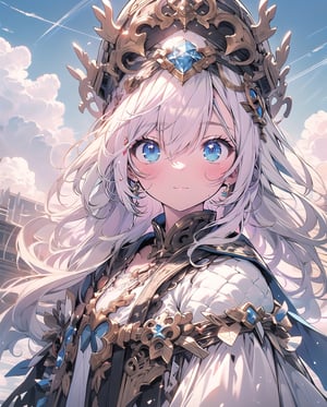 granblue_fantasy, medieval, fantasy, (blue sky and white clouds background), 1 male knight on the left, 1 female knight on the right, outdoors, open grassland, symmetrical composition, low-angle shooting, zoom in, the most beautiful image I have ever seen, wide angle , distant view, looking up