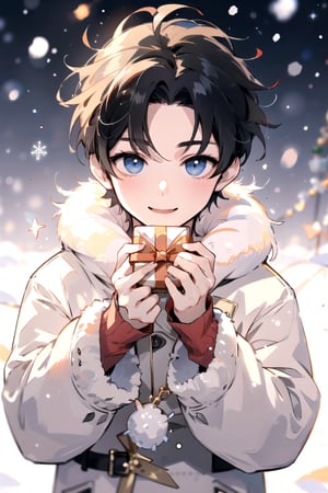 masterpiece, 1 little boy, christmas, holding presents, happy, snow, winter,1guy