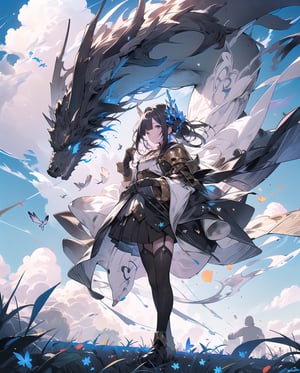 granblue_fantasy, medieval, fantasy, (blue sky and white clouds background), 1 male knight on the left, 1 female knight on the right, outdoors, open grassland, symmetrical composition, low-angle shooting, zoom in, the most beautiful image I have ever seen, wide angle , distant view, looking up