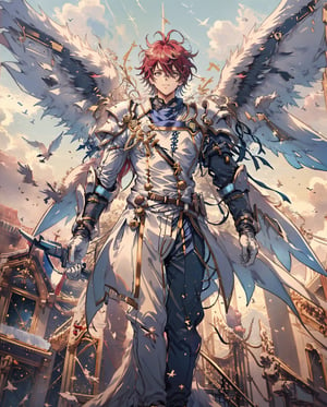 Medieval equipment,  left man and right woman, knights (ensemble stars!),armor, wings, sky,white armor, cloud, outdoors, angel wings, bird,blend, medium shot, bokeh, combat scene, action_pose,1boy,fantasy00d