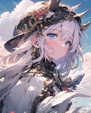 granblue_fantasy, medieval, fantasy, (blue sky and white clouds background), 1 male knight on the left, 1 female knight on the right, outdoors, open grassland, symmetrical composition, low-angle shooting, zoom in, the most beautiful image I have ever seen, wide angle , distant view, looking up