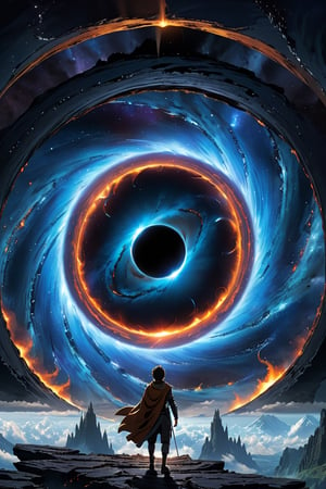 (best quality:1.3),(masterpiece:1.15), (ultra-detailed:1.26), (4k res), A man walks towards a black hole, with a dramatic, cinematic and epic fantasy vibe. The scene depicts a portal to an isekai, with a dark, backlit atmosphere and a gravity-defying interpretation of deep space