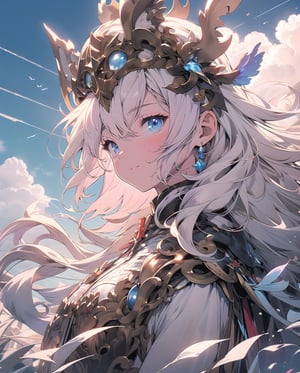 granblue_fantasy, medieval, fantasy, (blue sky and white clouds background), 1 male knight on the left, 1 female knight on the right, outdoors, open grassland, symmetrical composition, low-angle shooting, zoom in, the most beautiful image I have ever seen, wide angle , distant view, looking up